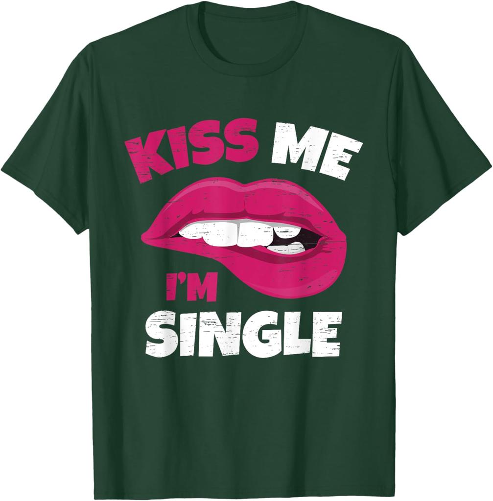 Kiss Me Im Single Lips Graphic Print Round Neck Cotton Short Sleeve T-Shirt Casual Daily Adults