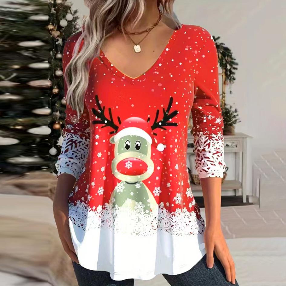 

Spring and Autumn V-neck Christmas Snowman Christmas Deer Pattern 3D Printed Top Fashionable Casual Long Sleeved Women s T-shirts 6XL оленёнок