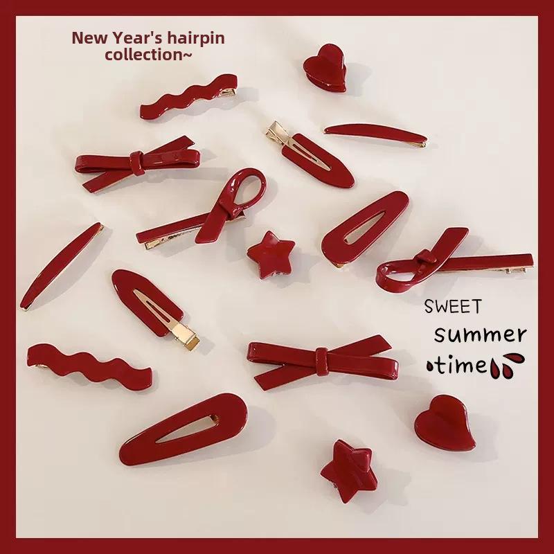 Festliche rote Haarnadel für Frauen - Seitlicher Pony & Entenschnabelklemme