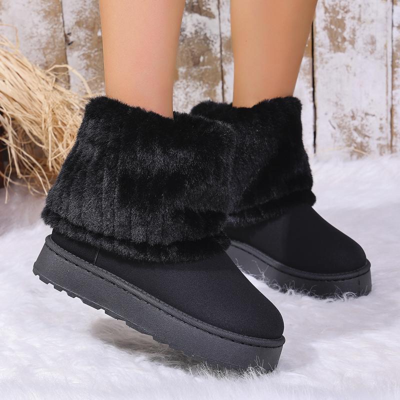 Fashion Warm Faux Fur Boot Tube Snow Boots Women 2025 Winter Round Toe Soft Thick Bottom Medium Heel Ankle Boots Winter Cotton Shoes