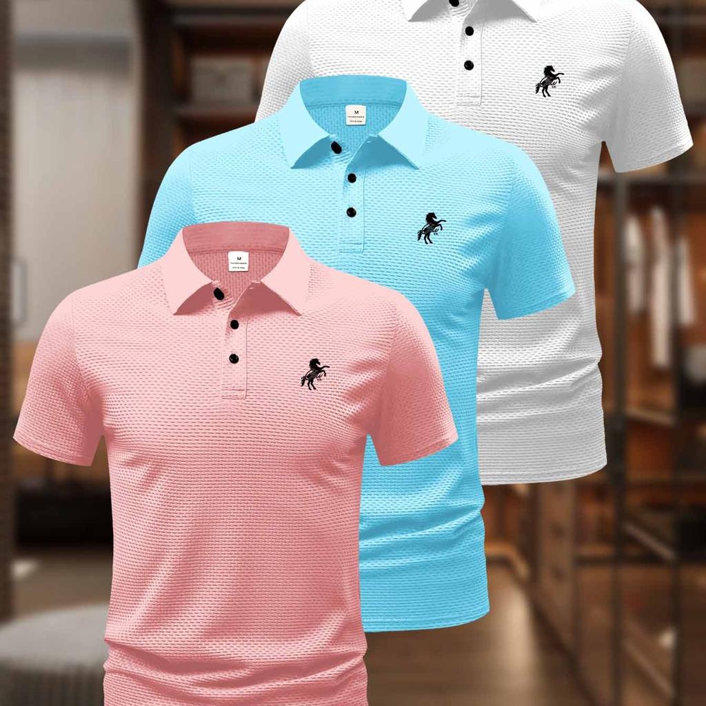 3pz Camicia da Uomo per l'Estate, Tessuto ad Asciugatura Rapida, Design con Collo a Revers Monocolore, Set Multicolore, Morbida e Delicata, Comoda e Versatile