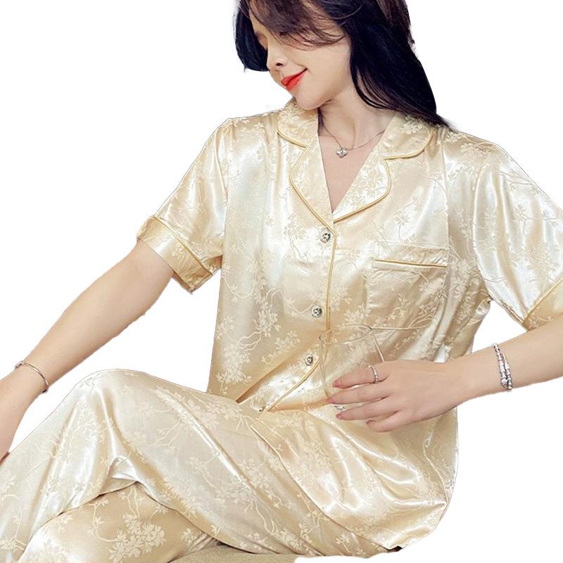 Light Luxury Summer Popular Ice Silk Thin Short-Sleeved Trousers Floral High-End Loungewear Set