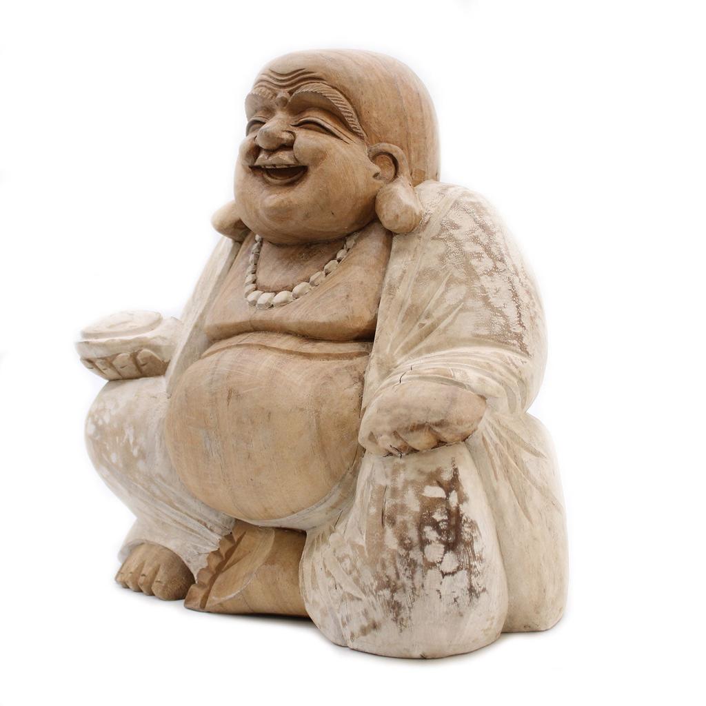 Statuetă Buddha Fericit Sculptată Manual Lemn Albit 30cm