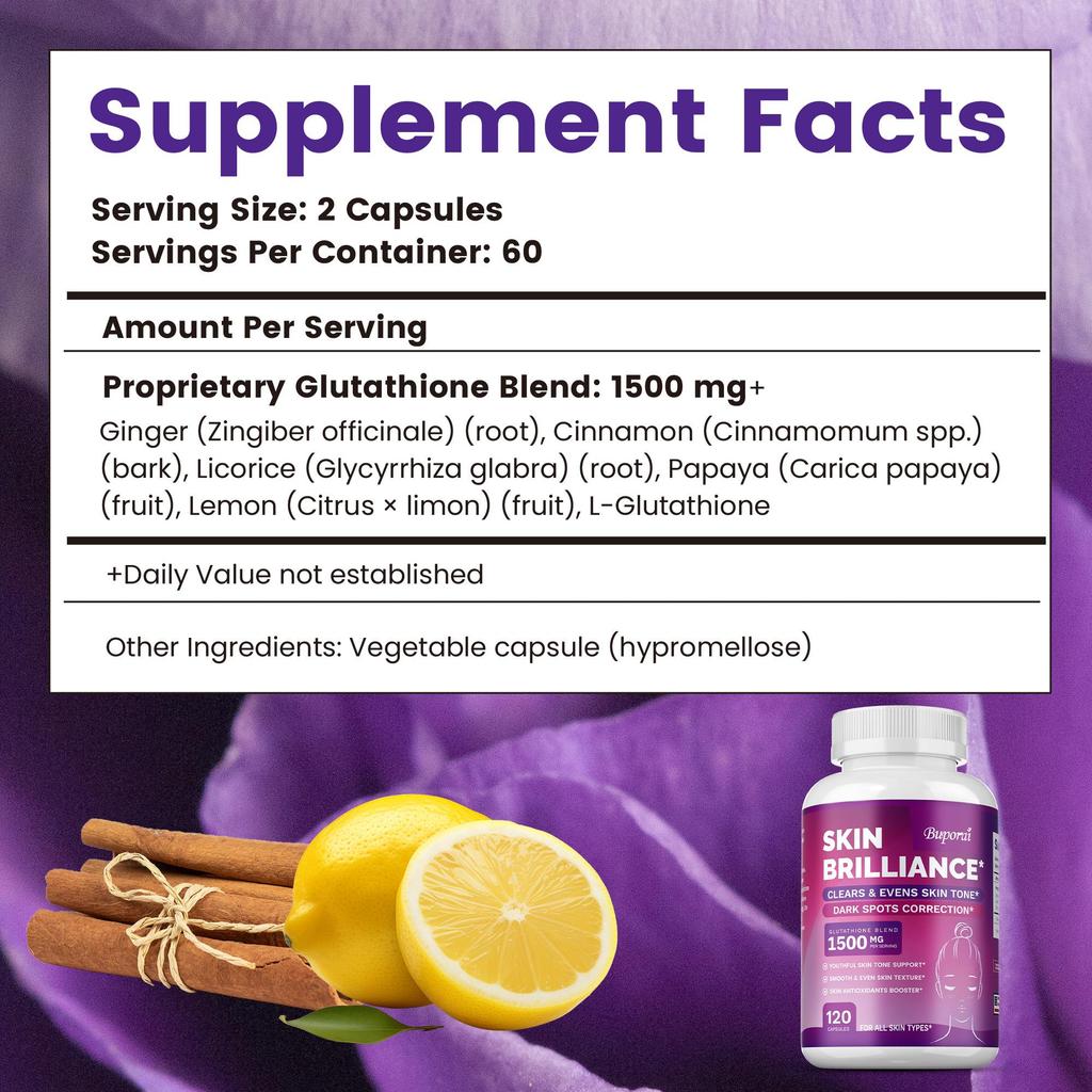 Buporai Le Capsule di Glutatione supportano un tono della pelle uniforme, migliorano la texture della pelle e schiariscono le macchie scure.