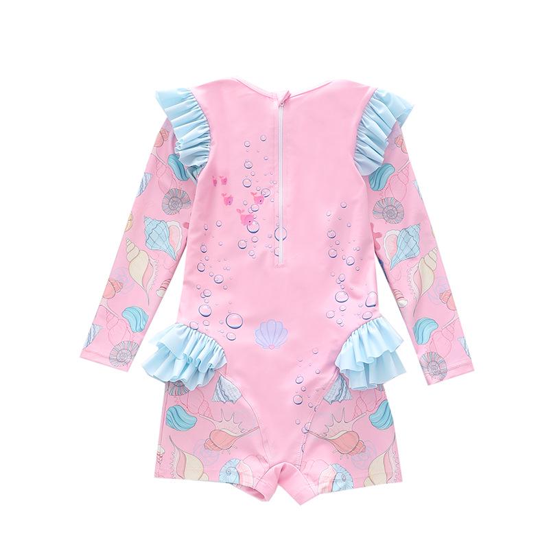 Costume da bagno intero a maniche lunghe con volant per bambina, con slip, certificato CPC per bambini