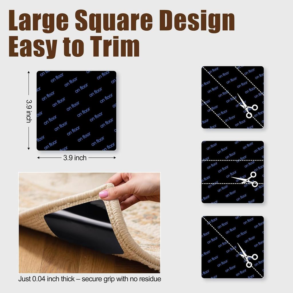 Premium Rug Grippers & Carpet Tape – 12PCS Square Anti-Slip Pads for Area Rugs, 3.9 Inch, Prevent Curling & Sliding, Ideal for Hardwood, Tile,