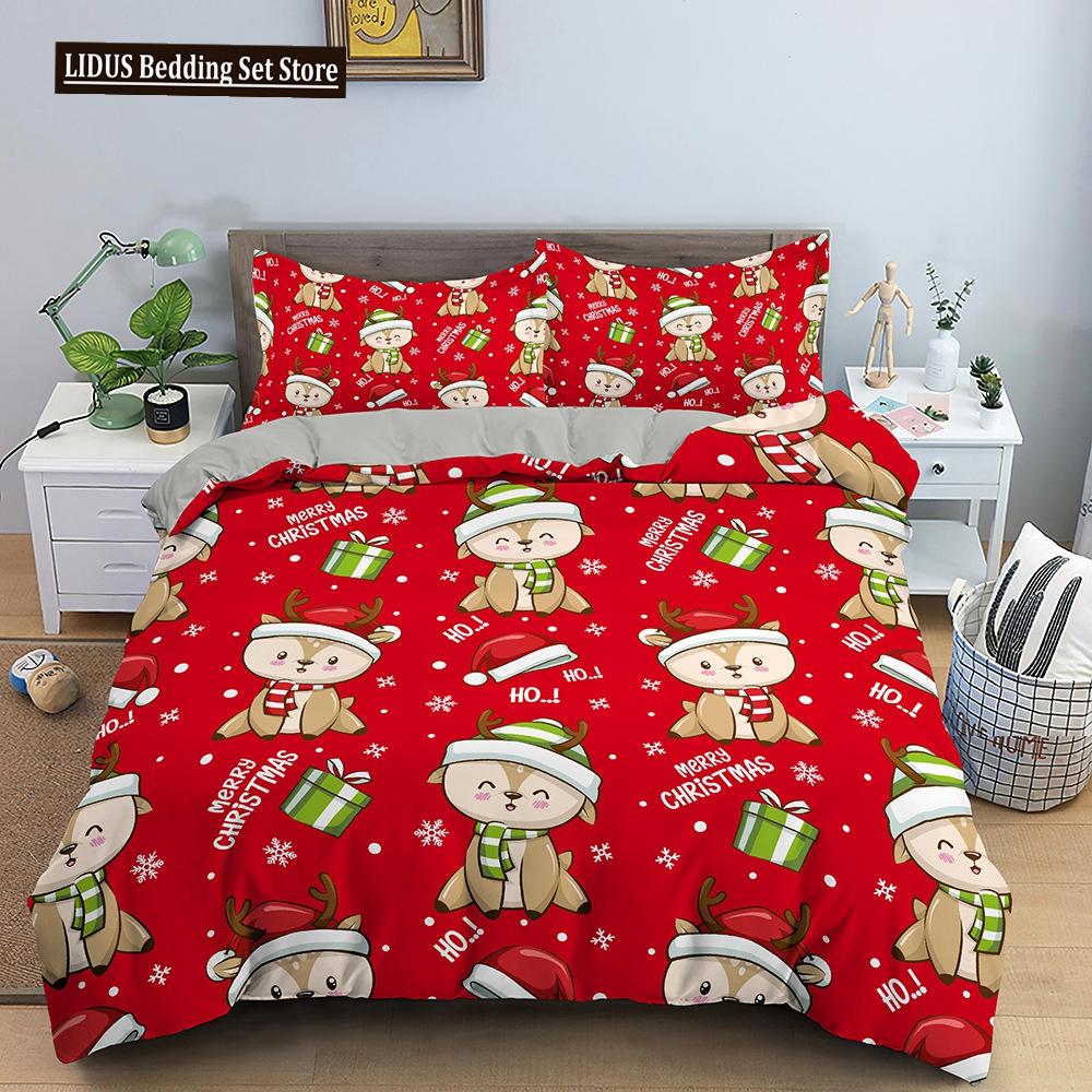 Red Christmas King Queen Duvet Cover Cartoon Santa Claus Bedding Set For Kid Boy Girl Happy Holiday 2/3pcs Polyester Quilt Cover