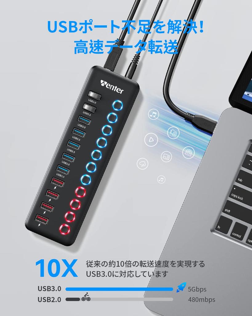 WENTER USB Hub Hub 7 Ports 4 Charging Ports 2023 Improved AC Self Independent USB 5Gbps High Equipped with LED High Durability 3.0 + [With Adapter,