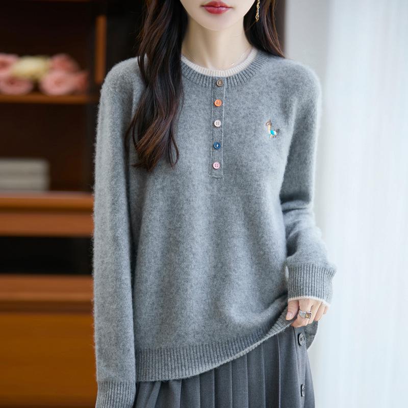 Women's 2025 Autumn/Winter 100% Wool Embroidered Sweater with Round Neck and Colorful Buttons