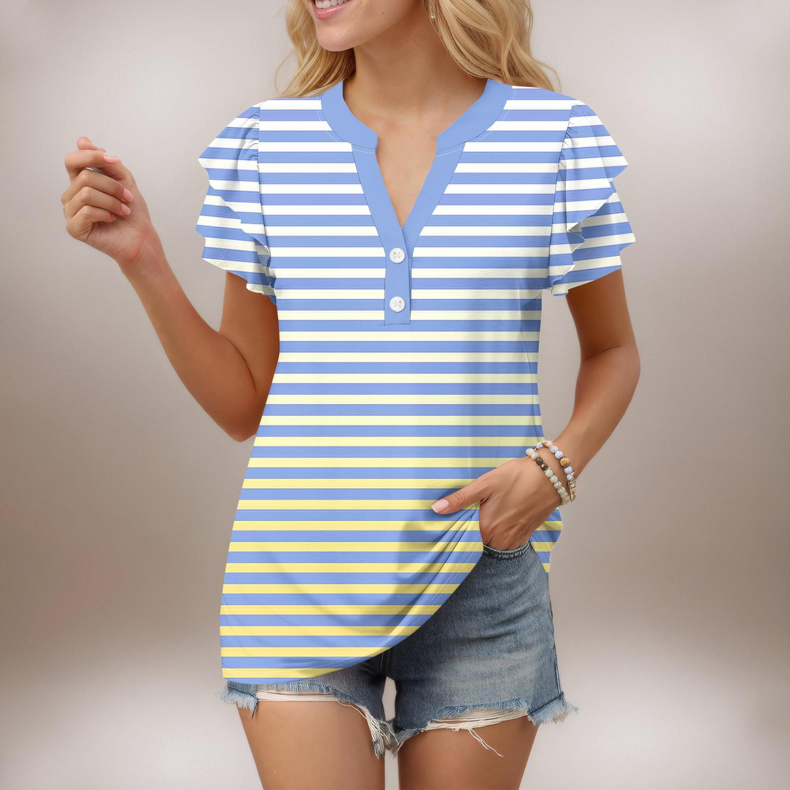 

Женский повседневный топ с короткими рукавами, застегивающийся на пуговицы и V-образным вырезом, с градиентными оборками и принтами XL небесно-голубой