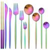 Nádobí z nerezové oceli Kulaté držadlo Vícebarevná sada příborů Nůž Dezert Vidlička Kávová lžíce Sada nádobí Kuchyňské příbory