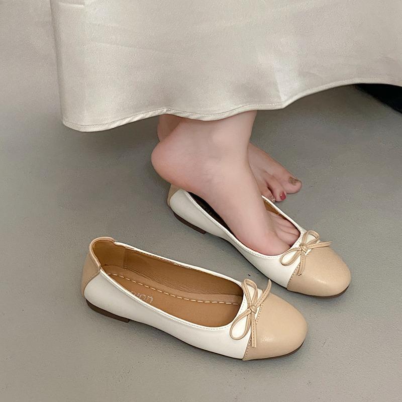 Fashion Round Toe Shallow Mouth Spliced Bow Slip-on Soft Non-Slip Wear-Resistant Square Heel Single Shoes