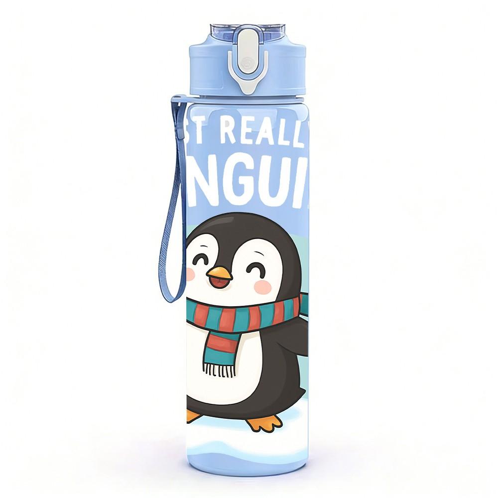 1PC Cute Penguin Winter Cartoon Print 750ml Color Plastic Sports Water Bottle Leakproof Flip Straw Lid Suitable for Sports Office Home Use