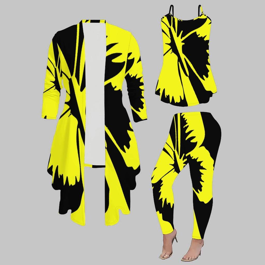 Plus Size Butterfly Print 3 Piece Outfit, Long Sleeve Open Front Cardigan Cami Top Leggings Set for Women