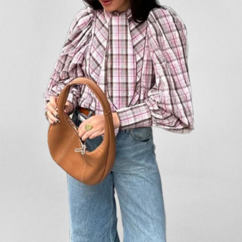 Dámské jarní temperamentní elegantní módní tričko s kulatým výstřihem, dlouhým rukávem a kostkovanou vázankou