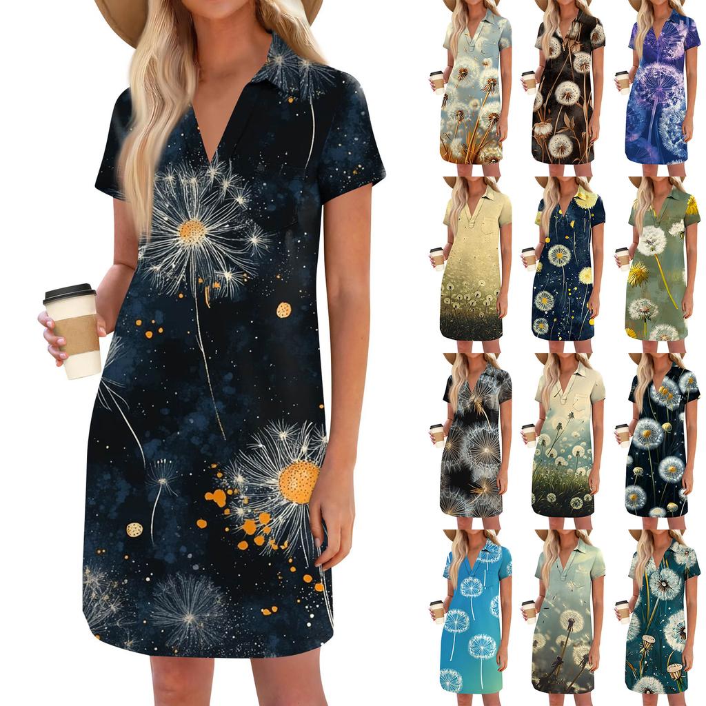 Women's Fashion Casual Loose Printed V-Neck Small Pocket Short Sleeve T-Shirt Dresses
