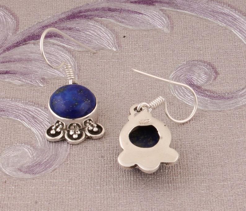 Solid 925 Sterling Silver Lapis Lazuli Round Gemstone Handmade Designer Women Drop Earrings Gift For Her
