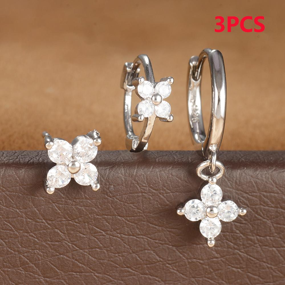 3PCS Zircon Flower Pendant Earring Sets For Women Stainless Steel Cartilag Piercing Earring Trend Jewelry Aretes De Mujer