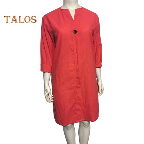 Robe mi-longue ample à col en V et manches trois-quarts pour femme, couleur unie, ourlet fendu, boutons décoratifs, tenue quotidienne décontractée