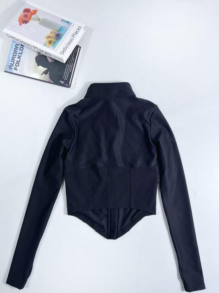 Women's Quick-Dry Slim Fit Sports Jacket with Stand Collar and Fingerless Sleeves for Yoga and Running