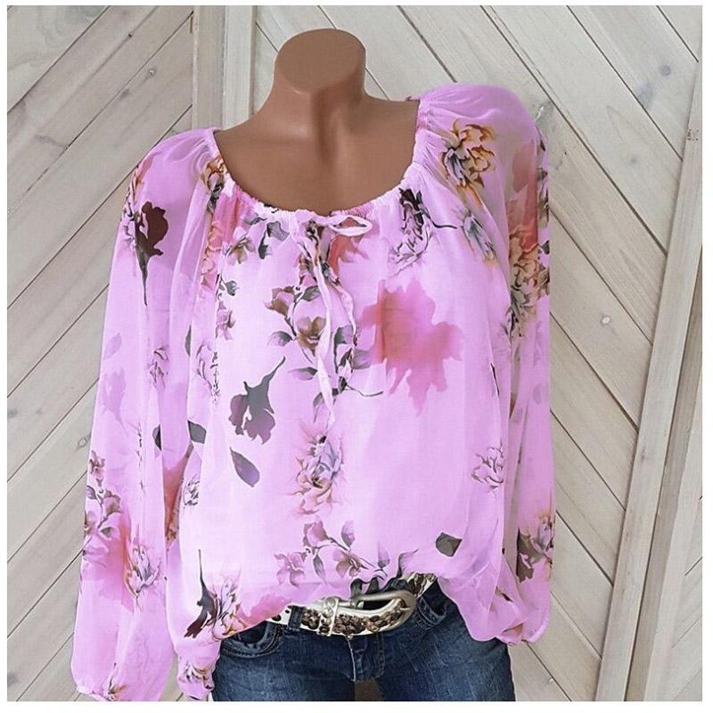 Fashion Women's All-Match Sexy One-Neck Printed Loose Chiffon Shirt Long Sleeve Top