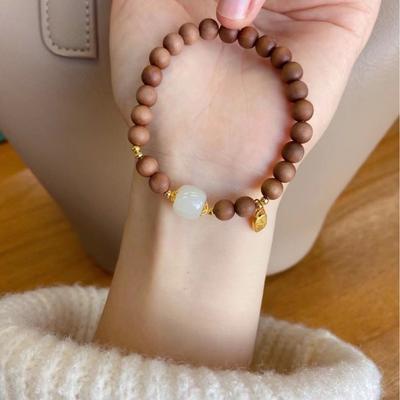 Pulsera India de Sándalo de Montaña Antigua para Mujer, Cuentas de Sándalo y Jade Hetian con el Buda para la Buena Suerte