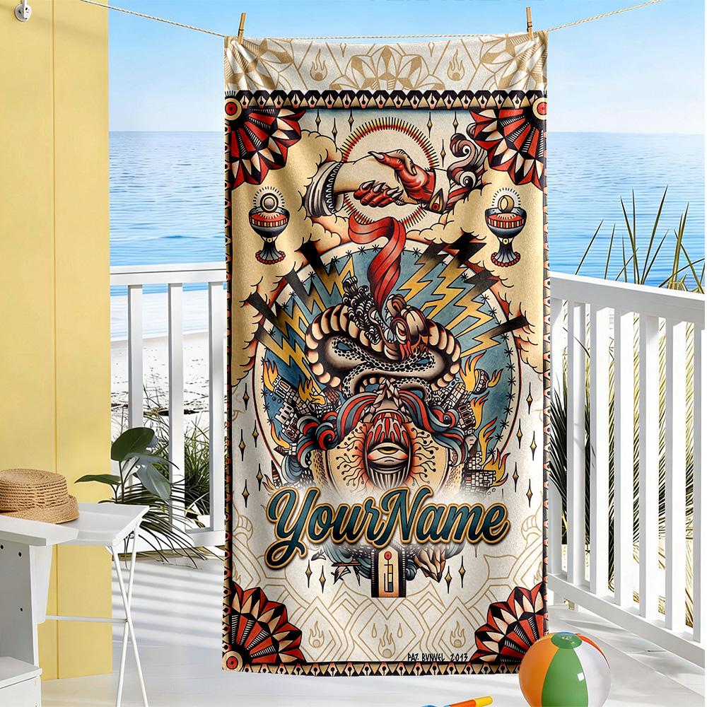Tattoo Style Personalized Text Beach Towel Super Soft & Absorbent Ideal for Travel Outdoor Swim Pool Yoga Surf Camping Hiking Gym Gift Holiday