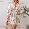 V-neck Fashion Print Waist Long Sleeve Dress for Women