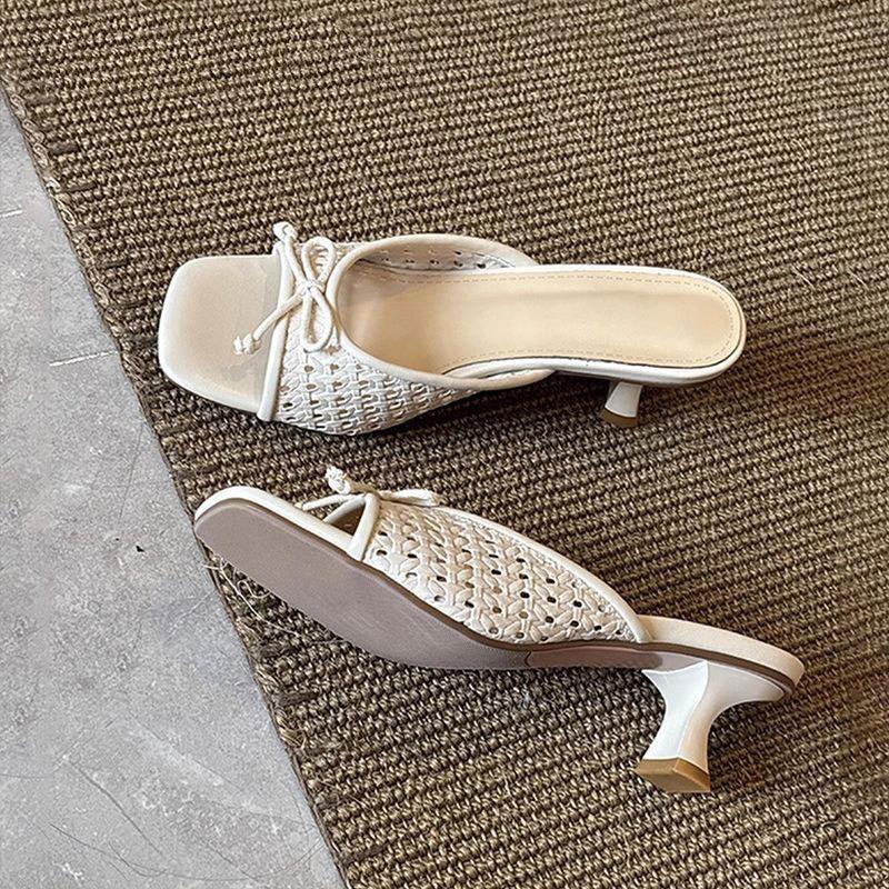 New Style of Woven Shoes with Hollowed-out One-shoulder Square Toe High Heels