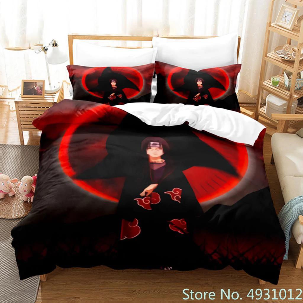 Anime Uchiha N-Naruto Uzumaki Red Cloud Bedding Sets Household Quilt Duvet Cover Itachi Home Textile Bed Suit Children Kids Gift