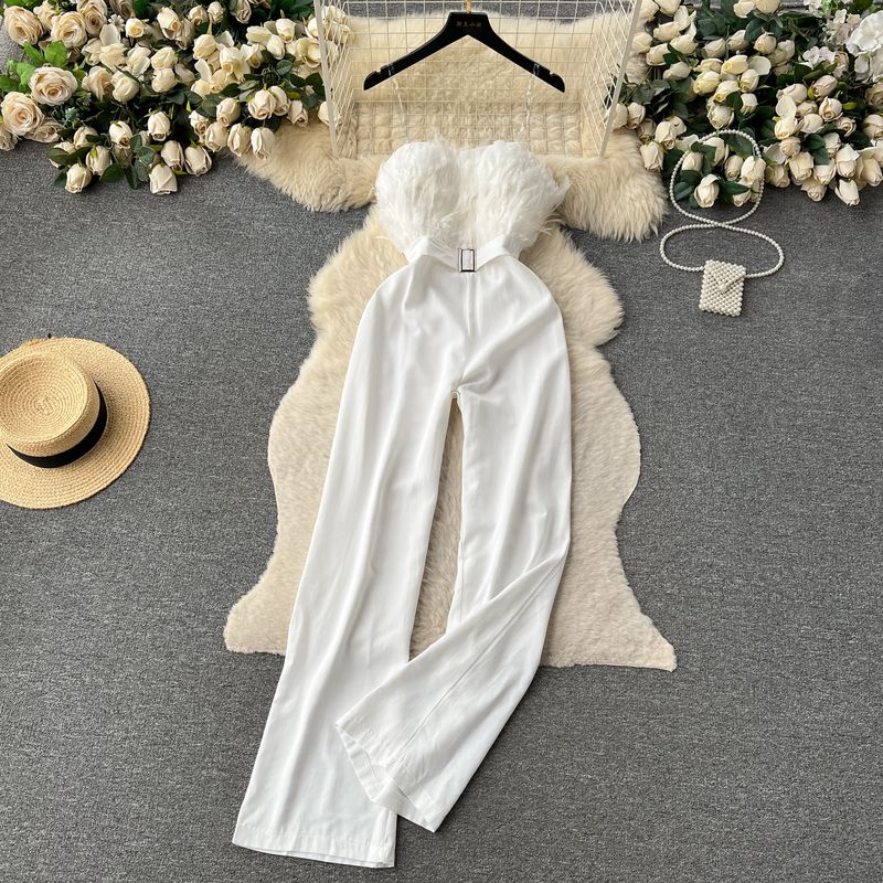 

Adult Lady like Woman Lightly Mature Feather Silm Long Jumpsuit White XL