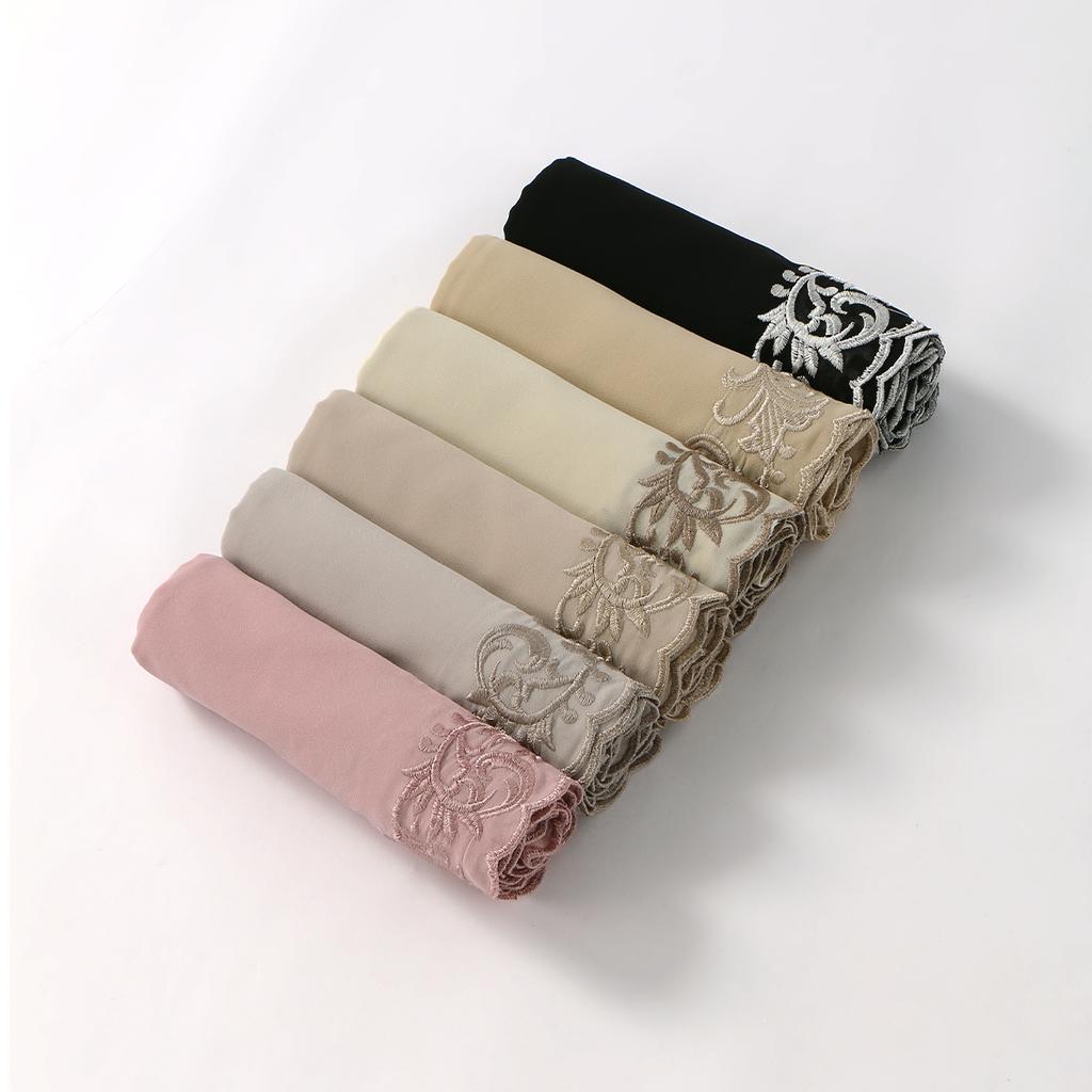 Flower Embroidery Chiffon Hijab Scarf For Woman Muslim Hijabs Fashion Long Shawl Lace Edge Long Scarf Islam Turban Headscarf