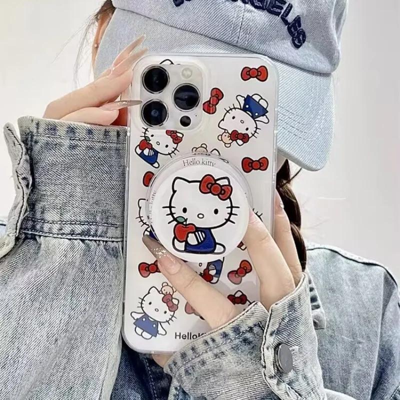 Magnetic Wireless Charging Hello Kitty Bracket Chain Case For Iphone 15 14 13 12 11 Pro Max 13 MINI XR XS Max 7 8 Plus SE Casing