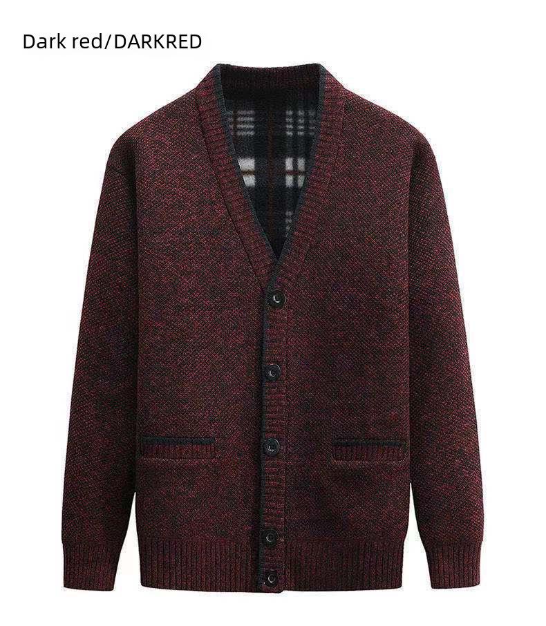 Men's Winter Thickened V-Neck Plus Velvet Sweater Cardigan for Middle-Aged & Elderly