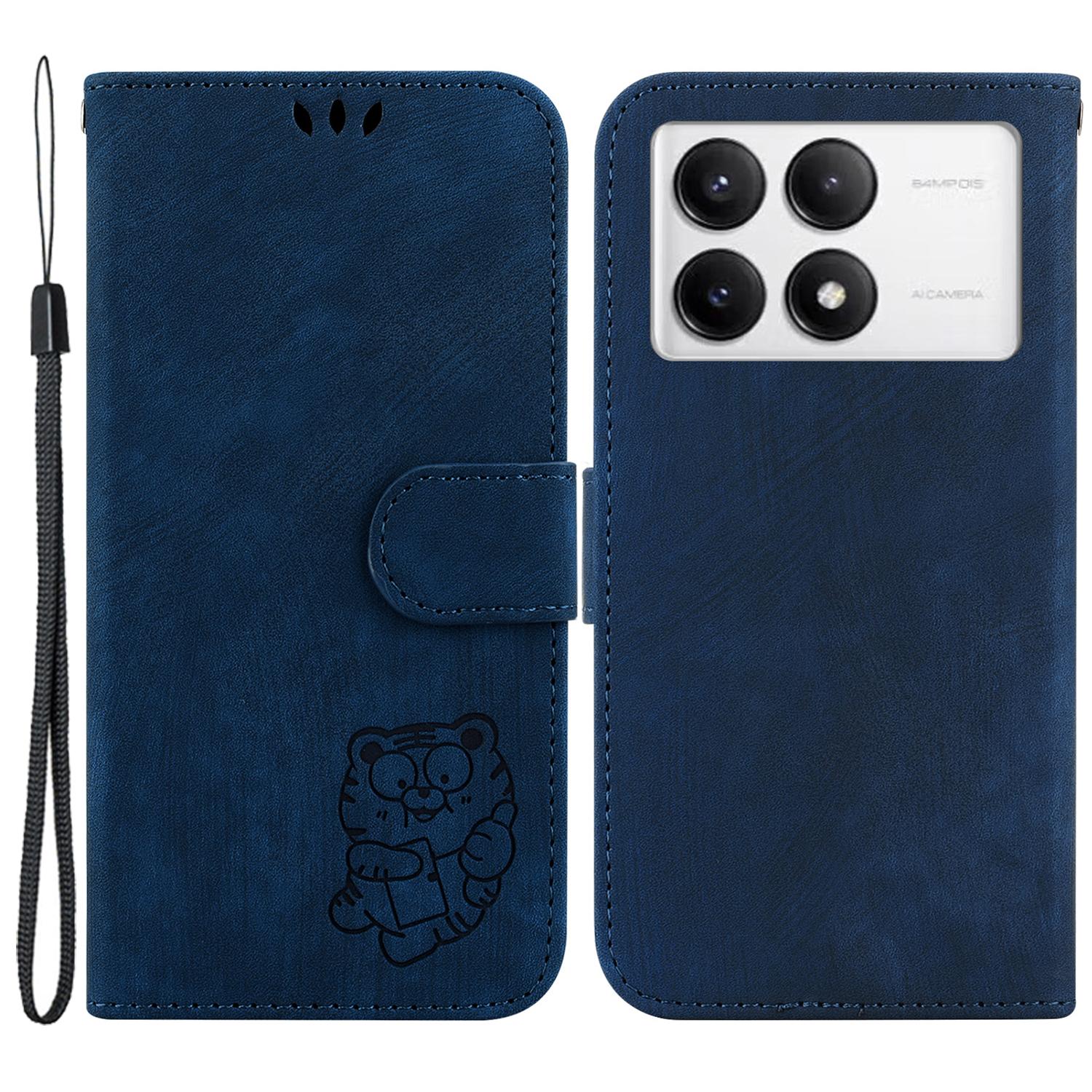 

For Xiaomi Poco F6 Pro 5G/Redmi K70 5G/K70 Pro 5G Wallet Phone Case Cute Tiger Imprint Leather Cover Dark Blue