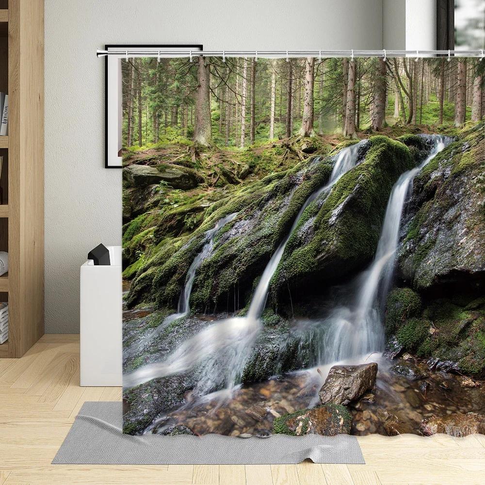 Flower Plant Landscape Shower Curtain Cherry Blossom Waterfall Green Forest Manor Arch Bridge Ocean Scenery Bathroom Curtain Set