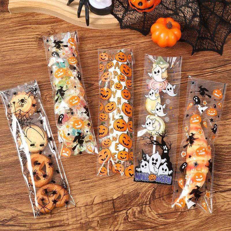50/100Pcs Halloween Self Adhesive Bags Pumpkin Ghost Printed Clear Packaging Bags For Candy Biscuits Baking Food Wrapper