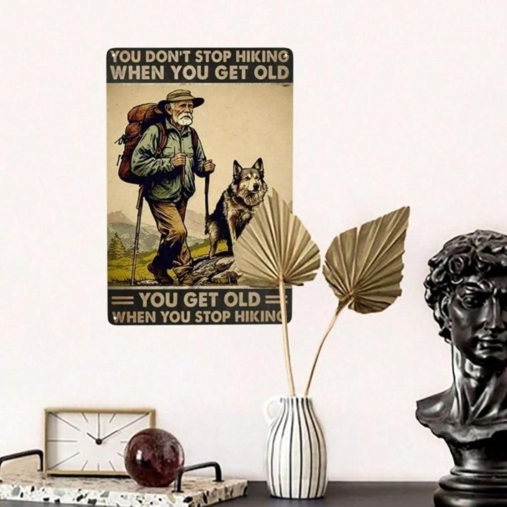 Metal Wall Art Poster, Hiking In Mountains Vintage Decor, for Home Garage Bar