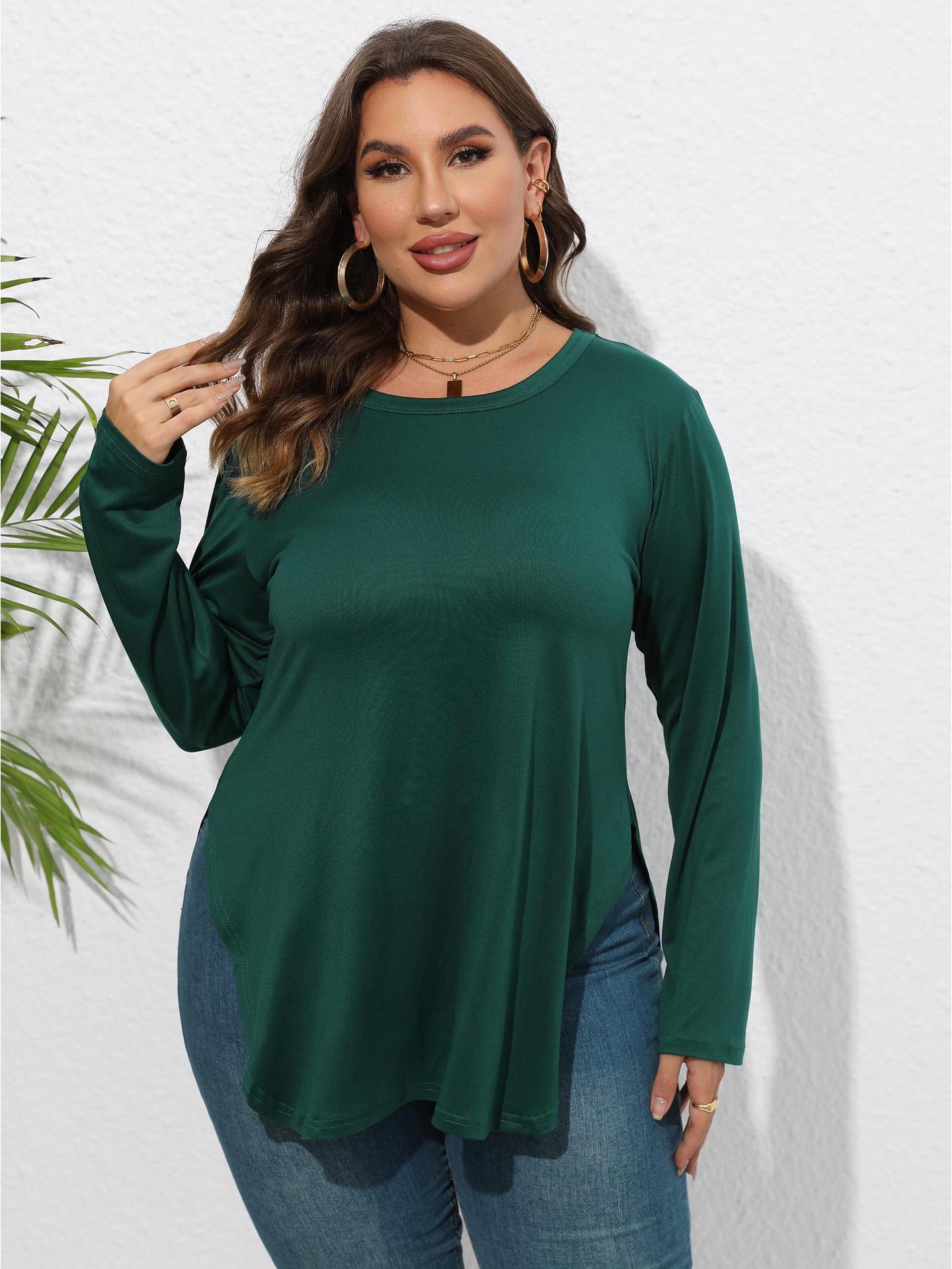 

Women s Plus Size Solid Color Long Sleeve Casual Irregular T-shirt for Autumn/Winter 1XL темно-зеленого