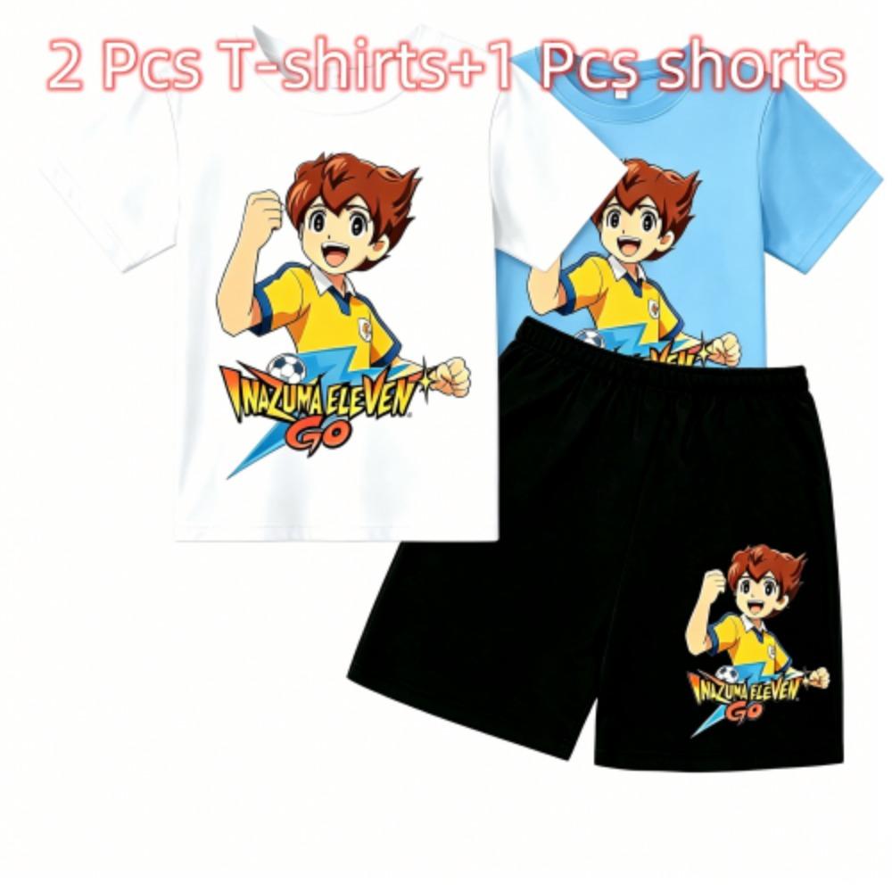 Fashion Anime Football Boy Game Print Outdoor Street Kids T-shirt and Shorts Summer Home Casual Outfit Boy and Girl's Sports Set