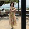 Bohemian Elastic Mesh Yarn Smudge Slim Suspender Dress Temperament Oil Painting Long Dress Seaside Vacation Dress