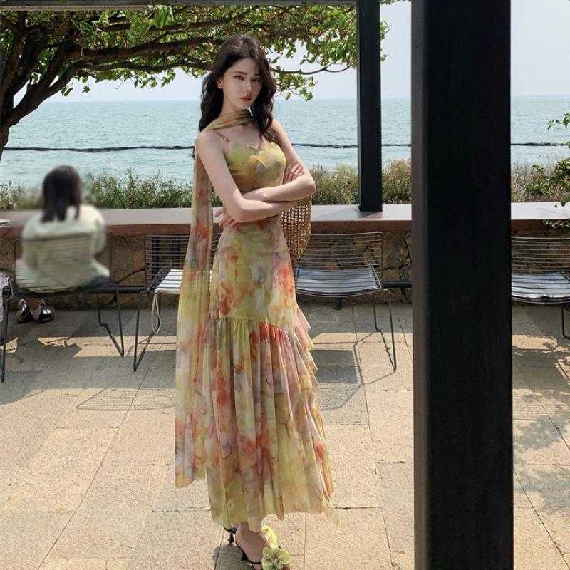 Bohemian Elastic Mesh Yarn Smudge Slim Suspender Dress Temperament Oil Painting Long Dress Seaside Vacation Dress