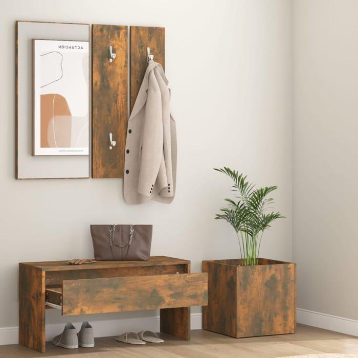 VidaXL Hallway Furniture Set Entryway Bench Storage Box Vanity Mirror Coat Rack Smoked Oak Wood 3120197
