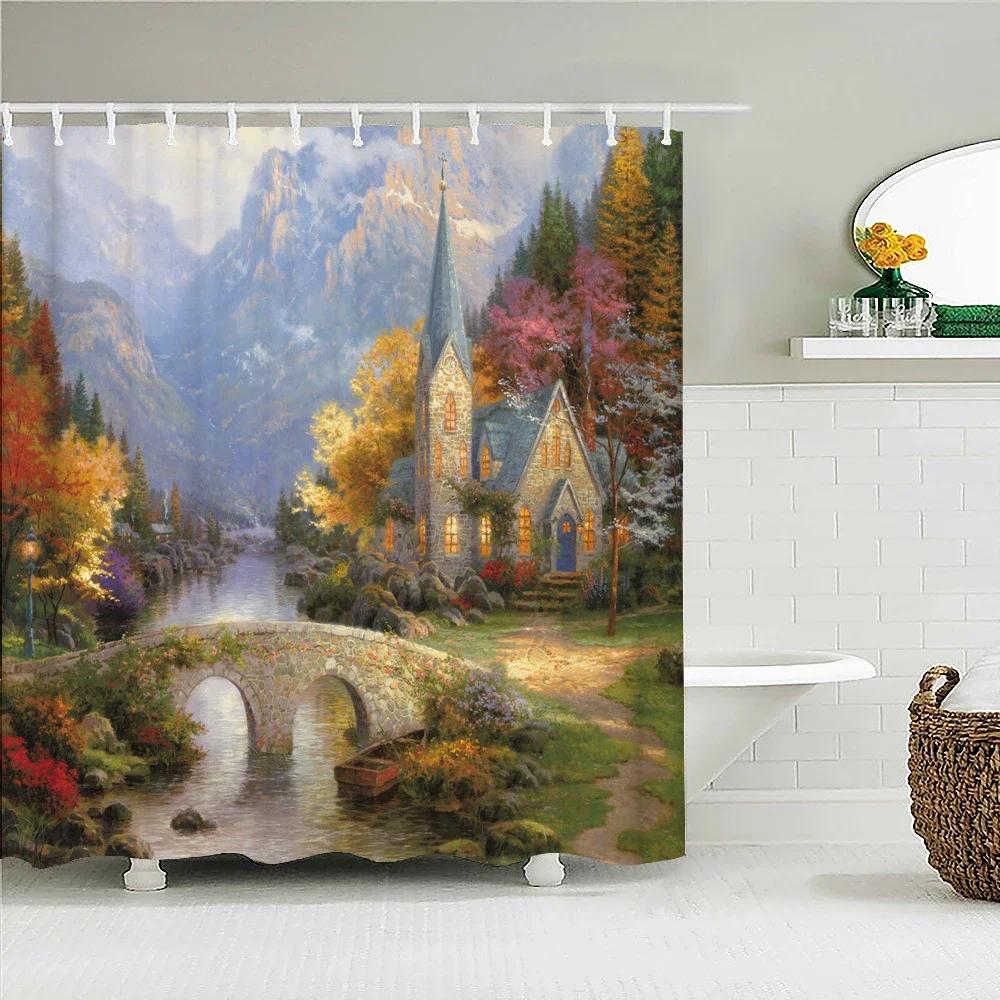 3D European Town Rural Forest Landscape Printing Bathroom Waterproof Shower Curtain Polyester Curtain Home Decoration Curtains