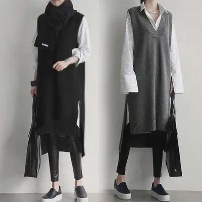 2025 Korean V-neck Sweater Vest Dress: Thick, Knit, Asymmetrical Hem, Autumn/Winter, Medium-Length