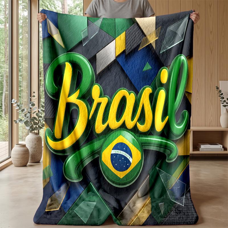 Brazil Football Printed Flannel Blanket Skin Friendly Warm Decorative Throw for Indoor Couch Bed Daily Use