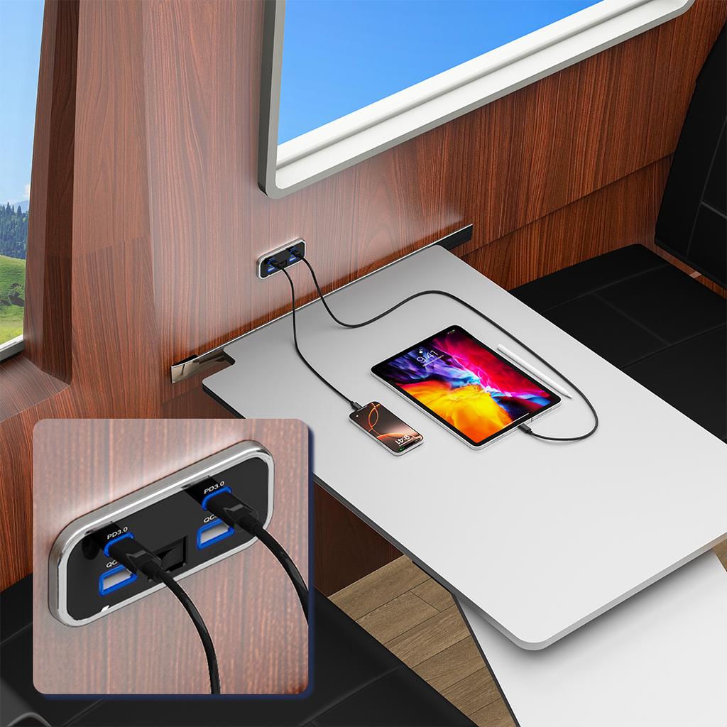 4 Ports Car Charger Dual USB Type-C Fast Charging Socket Panel QC3.0+PD3.0 Power Adapter For RV Bus Car Accessories