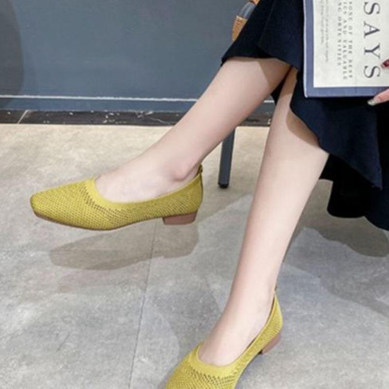 WTEMPO Soft Sole Single Shoes Women's Spring and Summer Square Toe Mesh Low Square Heel Solid Color Knitted Hollow Breathable Non-slip Woven Shoes