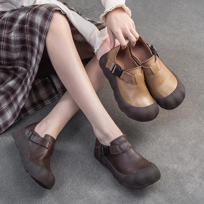 Buty Retro Soft Leather Thick Soled z klamrą Casualowe i wygodne damskie płaskie buty na platformie