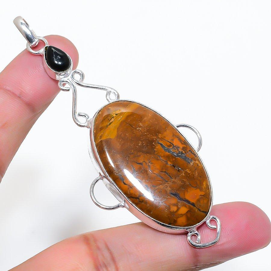 Natural Maligano Jasper, Onyx 925 Sterling Silver Jewelry Pendant 3.23" AP-16313